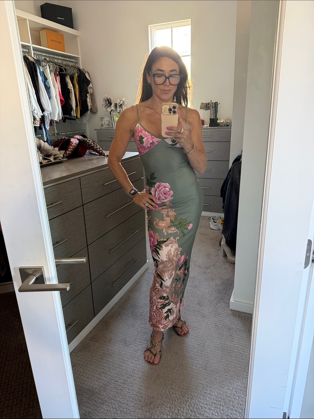 Commense Sage Green Floral Slip Maxi Dress with Pink Accents